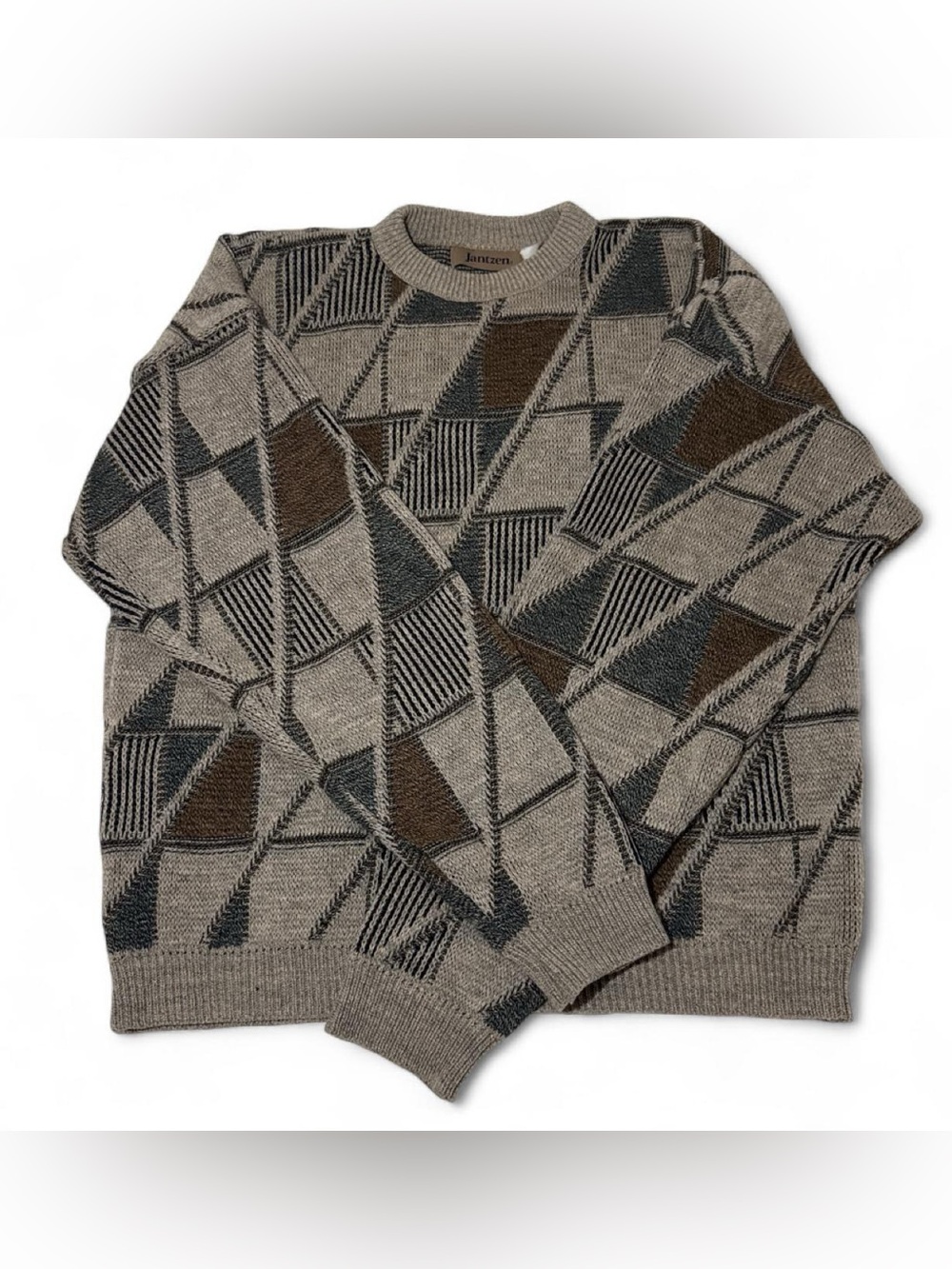 Jantzen Taupe Crewneck Sweater with Brown & Charcoal Geometric Pattern